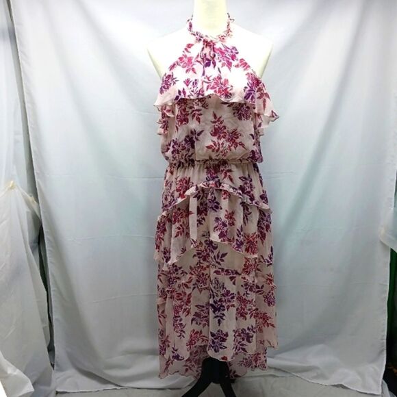 Express 90s Y2K Pink Asymmetrical Ruffled Floral Midi Sundress Womans L. Whimsy. - Picture 6 of 14